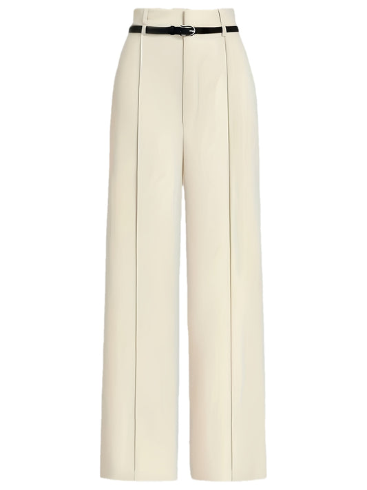 Pantalon Femme Taille Haute – Jambe Droite et Large, Noir avec Ceinture Boucle Dorée, Poches, Élégant, Bureau et Décontracté, Printemps/Été/Automne