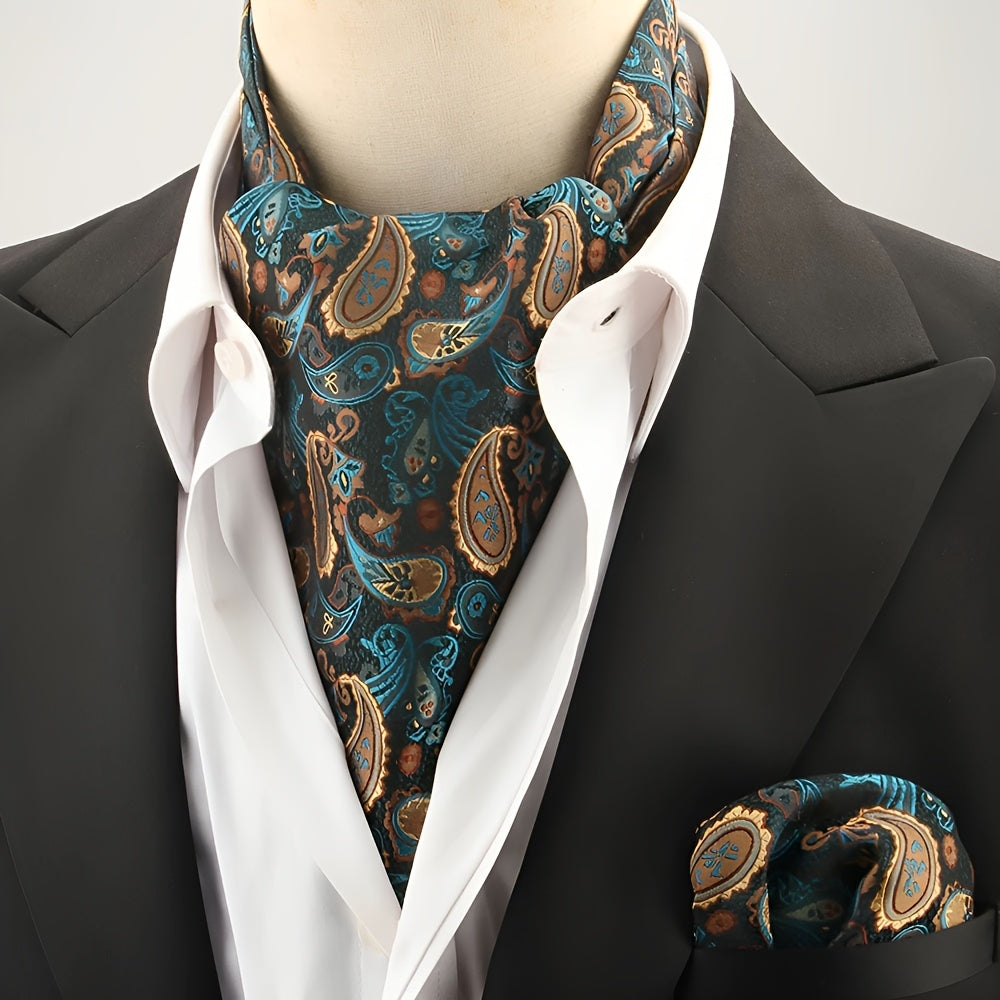 2pcs Ascot Homme – Écharpe et Pochette Style Rétro Britannique pour Mariages et Événements, Motifs Pois/Paisley/Fleur