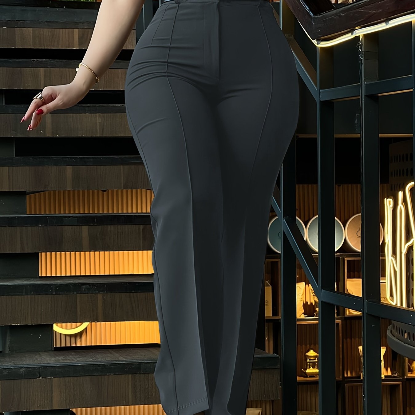 Pantalon Femme Taille Haute – Costume Noir Élégant, Jambe Droite, Polyester, Tous Saisons