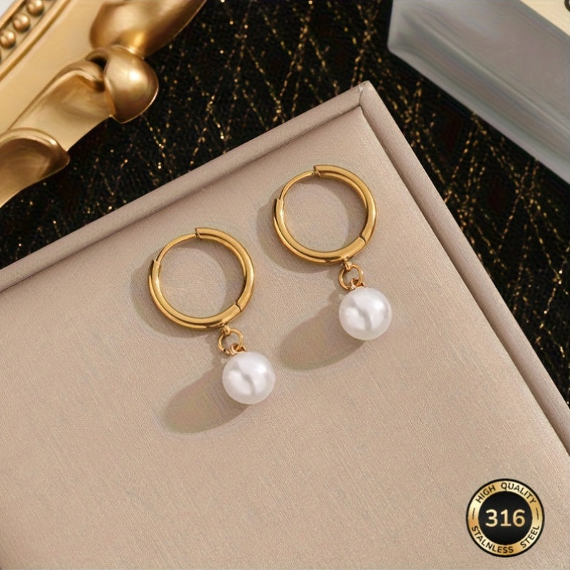 Boucles d’oreilles rétro françaises – pendentif perle imitation, acier inoxydable, hypoallergénique et anti-décoloration, confortables, couleur beige clair, adaptées au quotidien, mariages, Saint-Valentin, cadeau pour femme