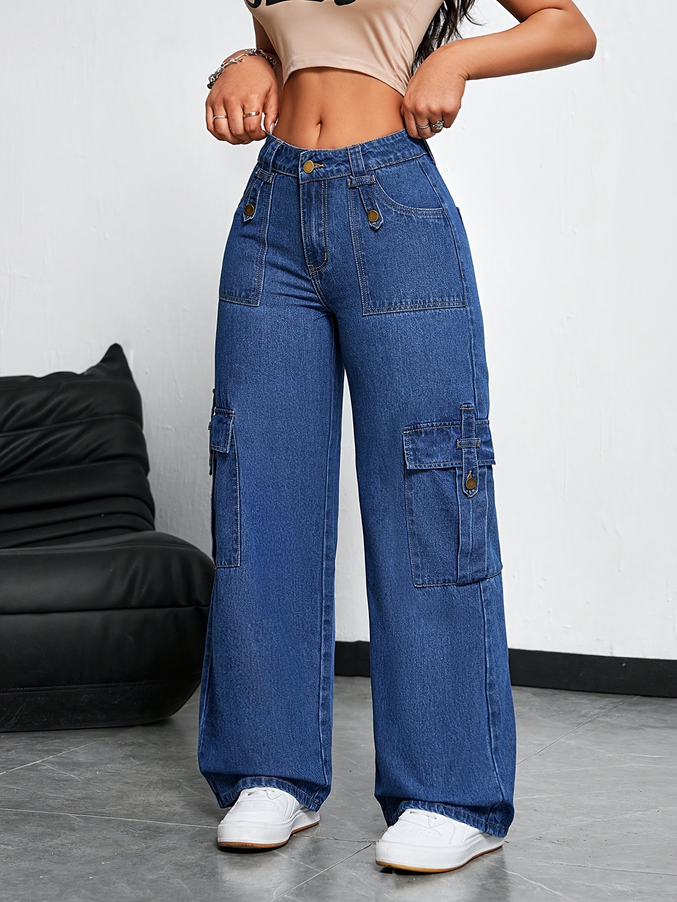 Jeans Femme Taille Haute – Jambe Large, Denim Extensible, Multiples Poches, Bleu Clair Effet Usé, Style Streetwear Décontracté