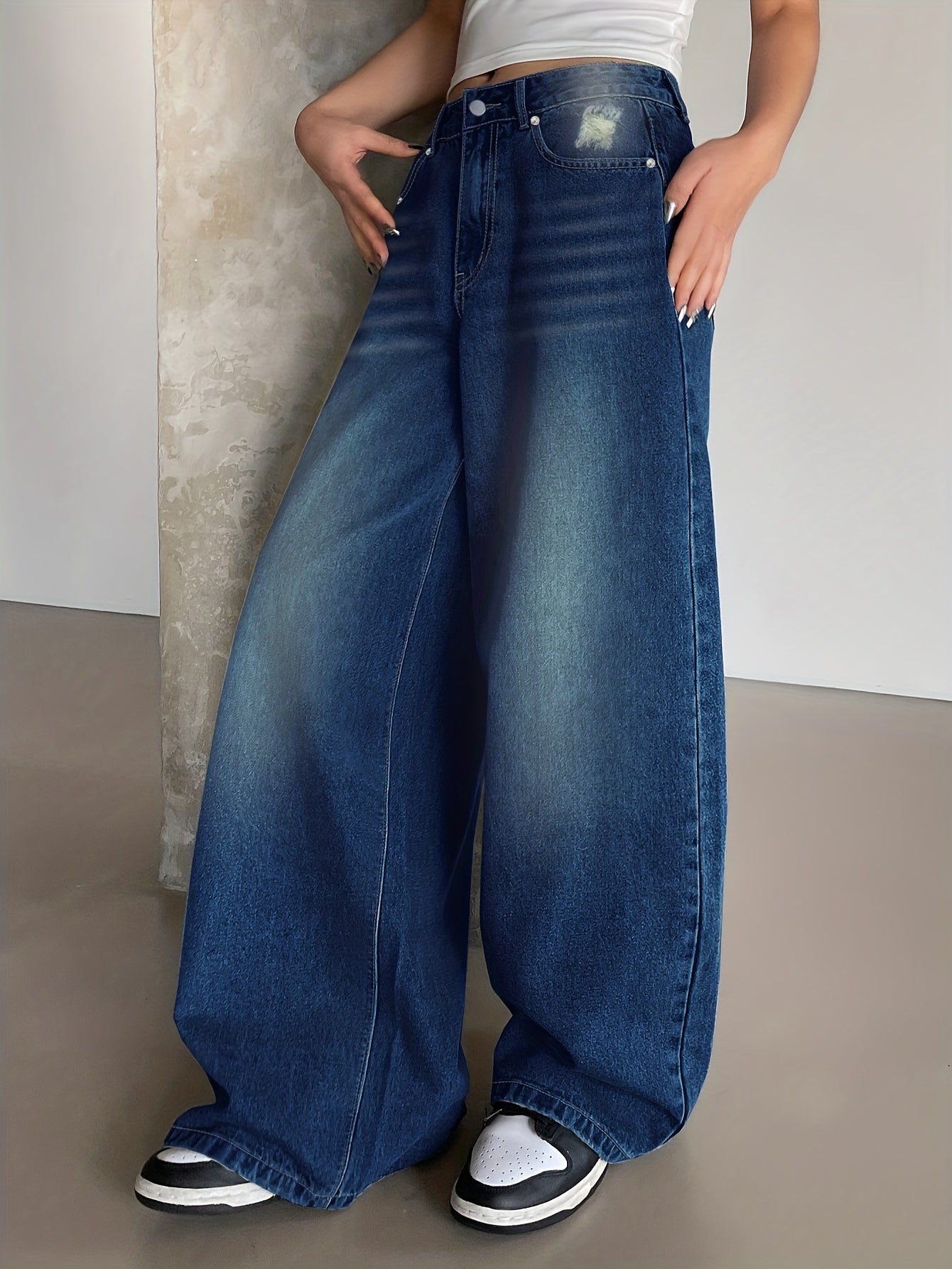 Jeans Femme Oversize Jambe Large Bleu Foncé Effet Usé Jambe Droite Poches Ourlet Net Non Extensible Toute Saison