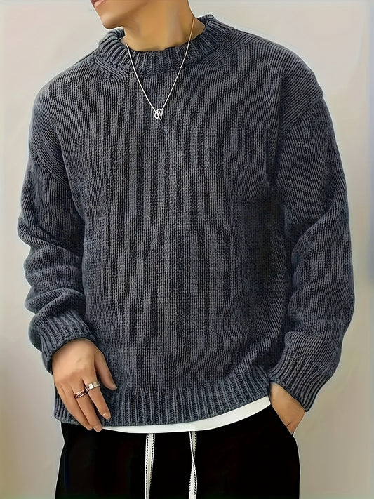 Men'S Olive Green Sweater - Soft Round Neck Long Sleeve Winter Warmth, Solid Color Casual Pullover for Fall/Winter, Regular Fit Casual Attire