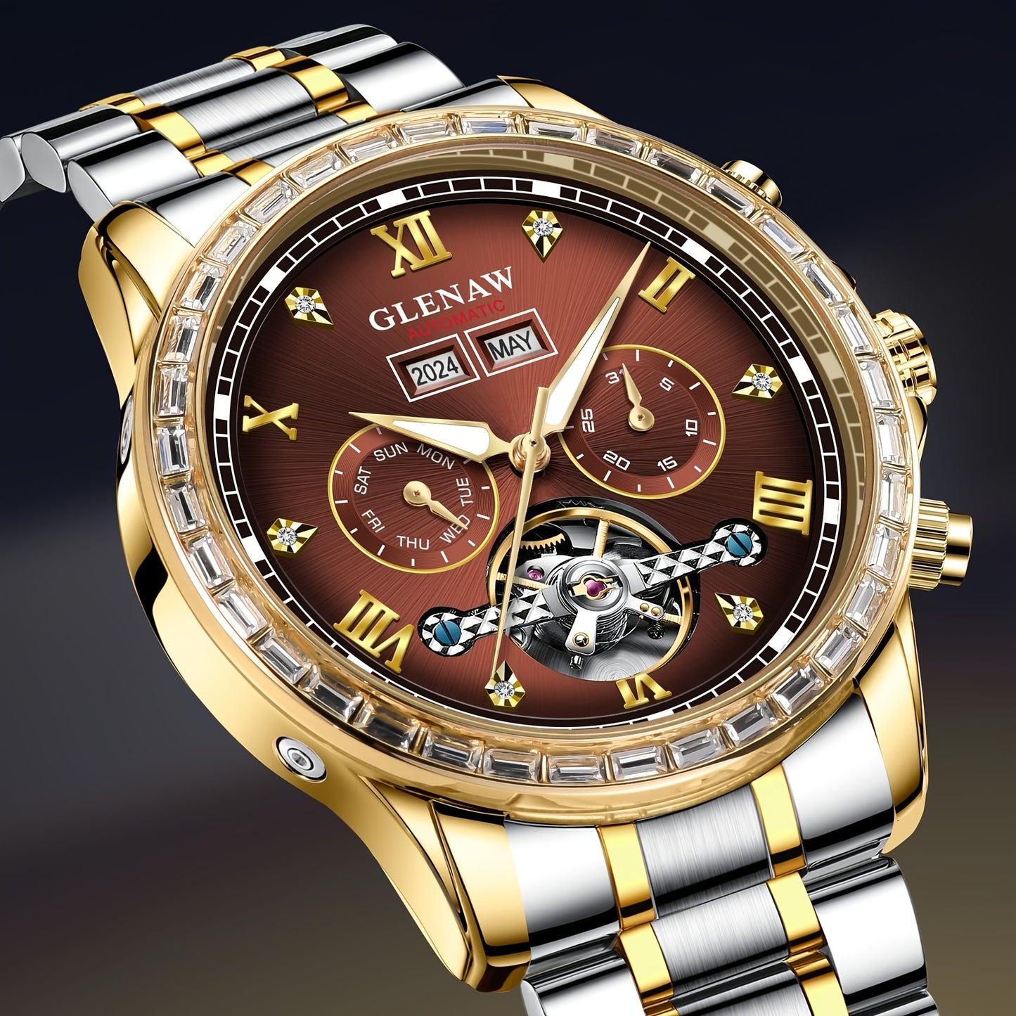 Men's Automatic Mechanical Watch, Rhinestone Case, Multi-function Perpetual Calendar Dial, Stainless Steel Strap, Year, Month, Day and Week Display, Automatic Mechanical Watch For Men, Mechanical Watches For Men High Quality,