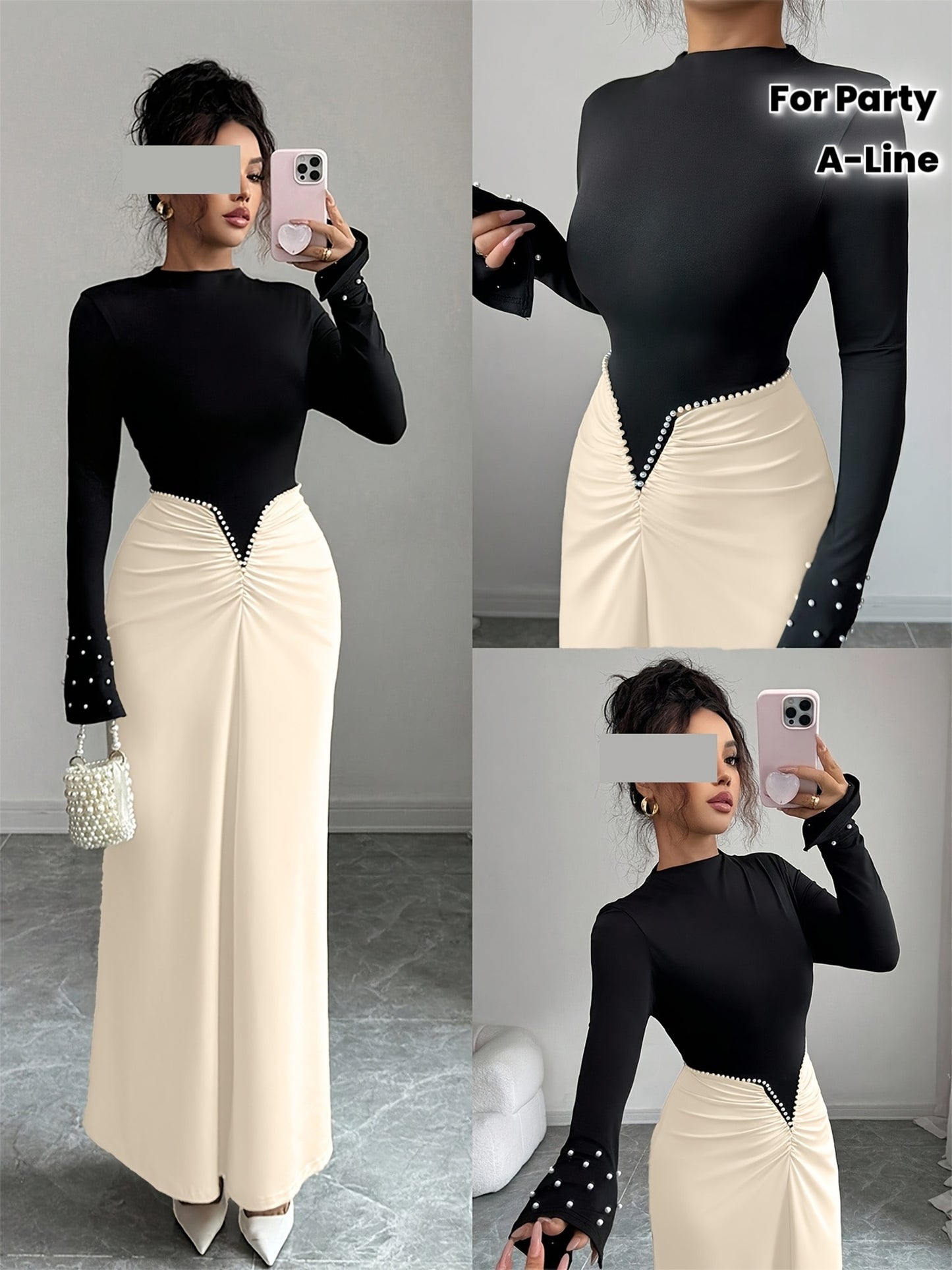 Women's Winter Long Evening Gown with Pearl & Color-Block Collar - Long Sleeve A-Line Dress Suitable for Christmas, New Year's Eve, Weddings, Proms - Elegant Party & Commuting Attire - Machine Washable High Elasticity Dress