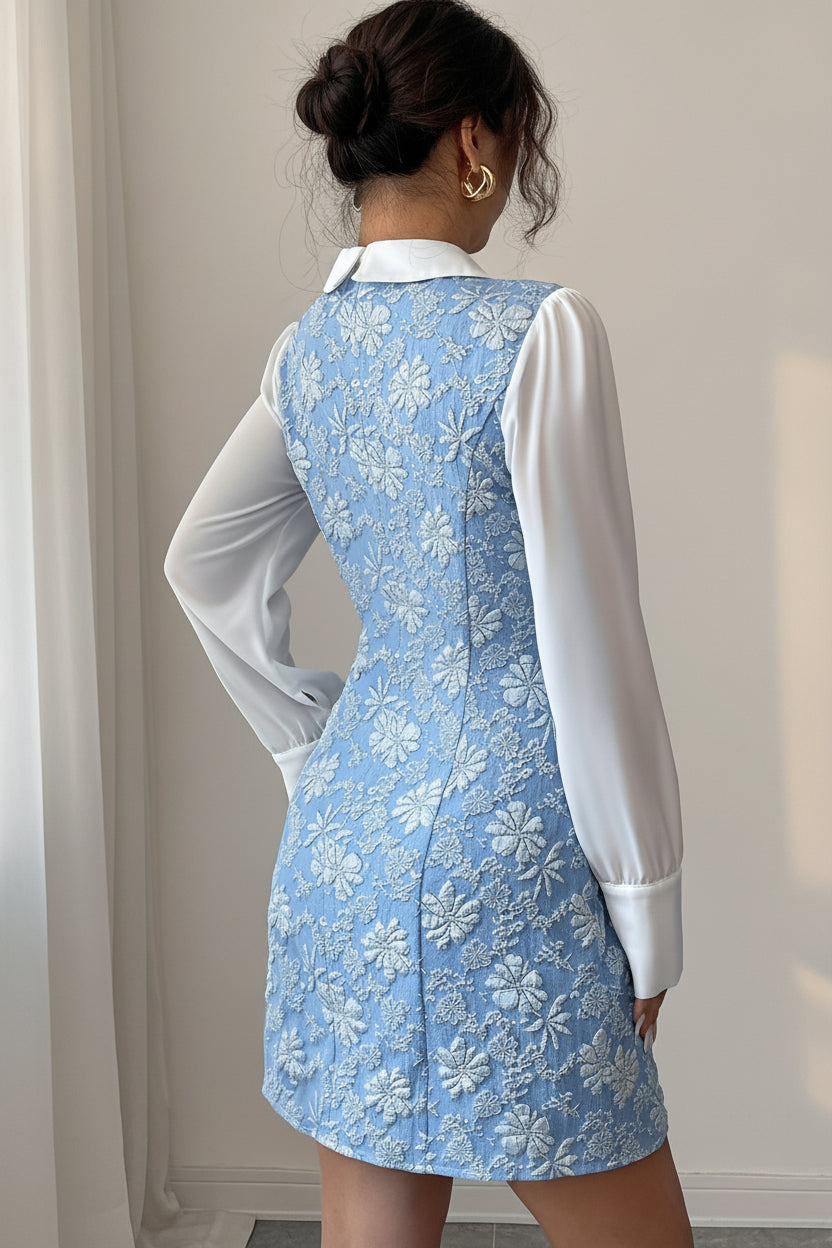 Robe longue élégante à manches longues et taille nouée, patchwork jacquard, collection printemps