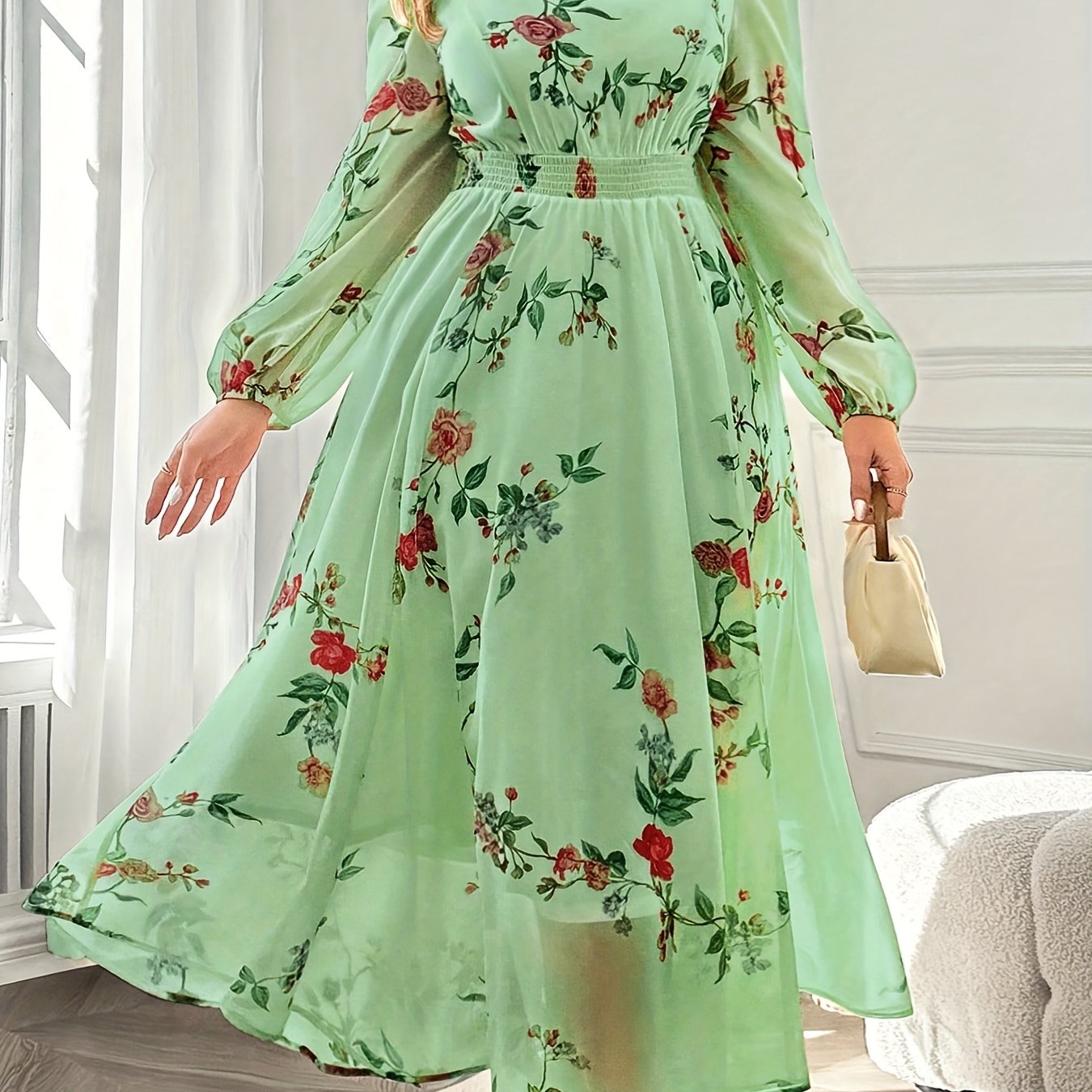 Robe Longue Grande Taille Élégante – Imprimé Floral, Col Carré, Manches Lanternes, Coupe Flare, Légère et Respirante, Idéale Vacances et Sorties Décontractées