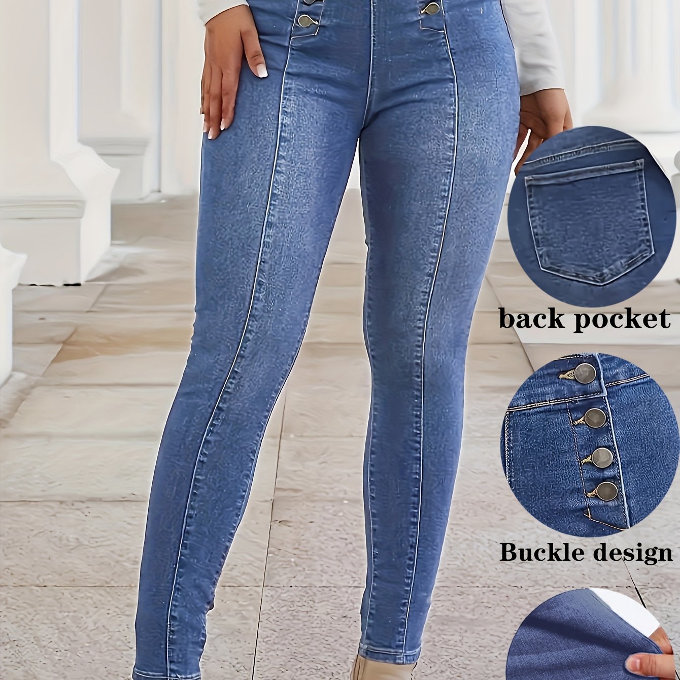 Jean skinny à boutons et plis piqués, pantalon en denim stretch moyen croisé style vintage, jean et vêtements en denim pour femme, idéal pour l'automne