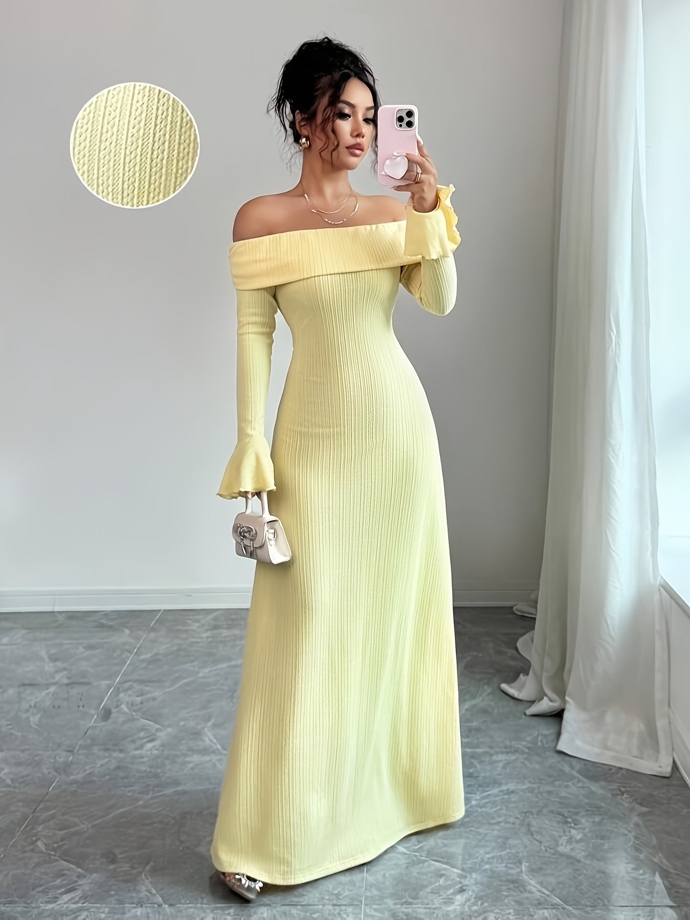 Robe Femme Élégante Épaules Dénudées / Une Épaule Manches Longues — Couleur Jaune Moutarde, Tenue Chic Formelle et Décontractée, Parfaite pour Soirées et Mariages Automne/Hiver