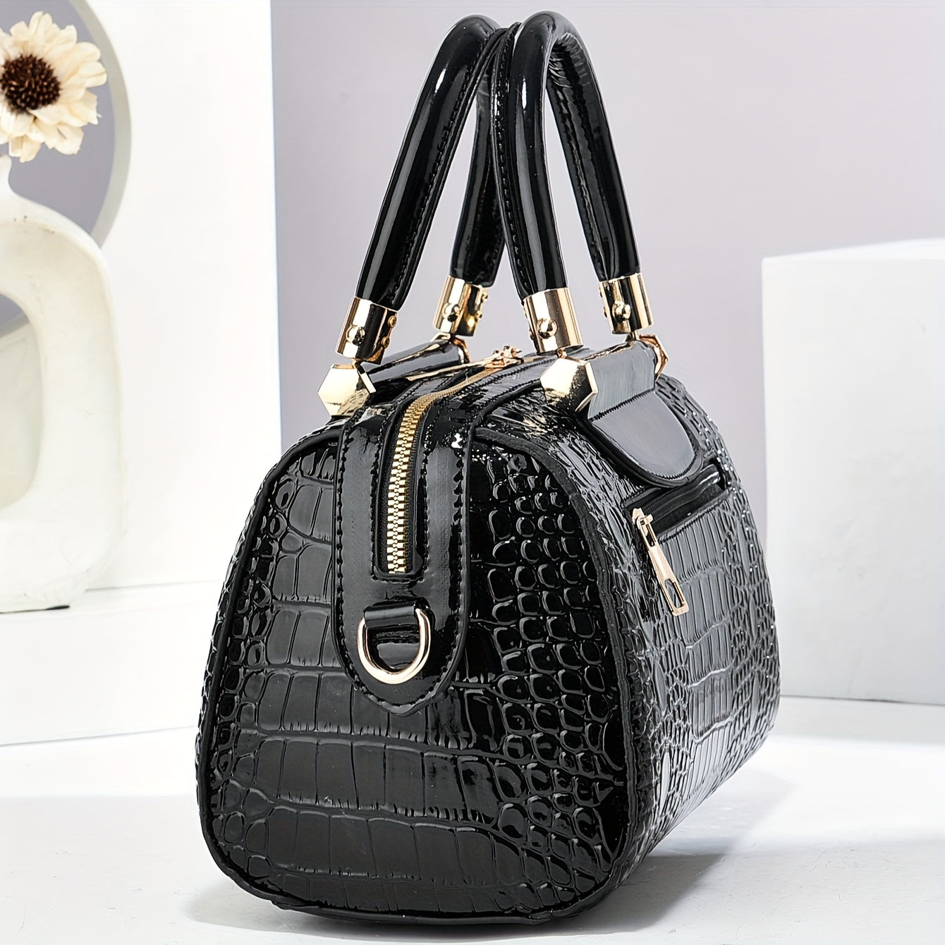 Sac noir en PU pour femmes – motif crocodile brillant, fermeture zippée, grande capacité, sac oreiller, bandoulière simple, idéal travail, trajets et voyage