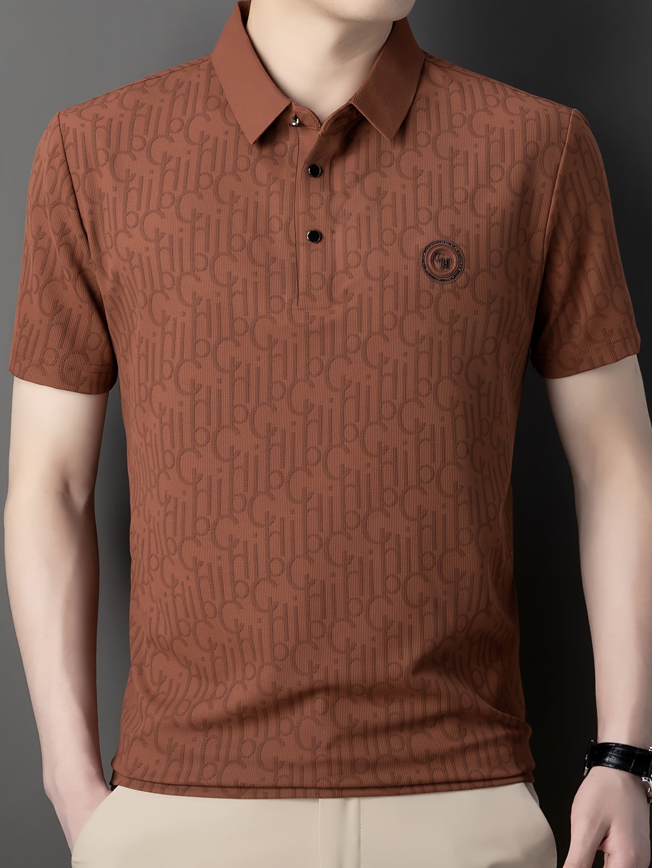 Men'S Breathable Summer Graphic T-Shirt - Short Sleeve, Button-Up Collar, Casual Streetwear with Stylish "H" Print Design, Lightweight Polyester Fabric for Golf, Tennis & Weekend Outing