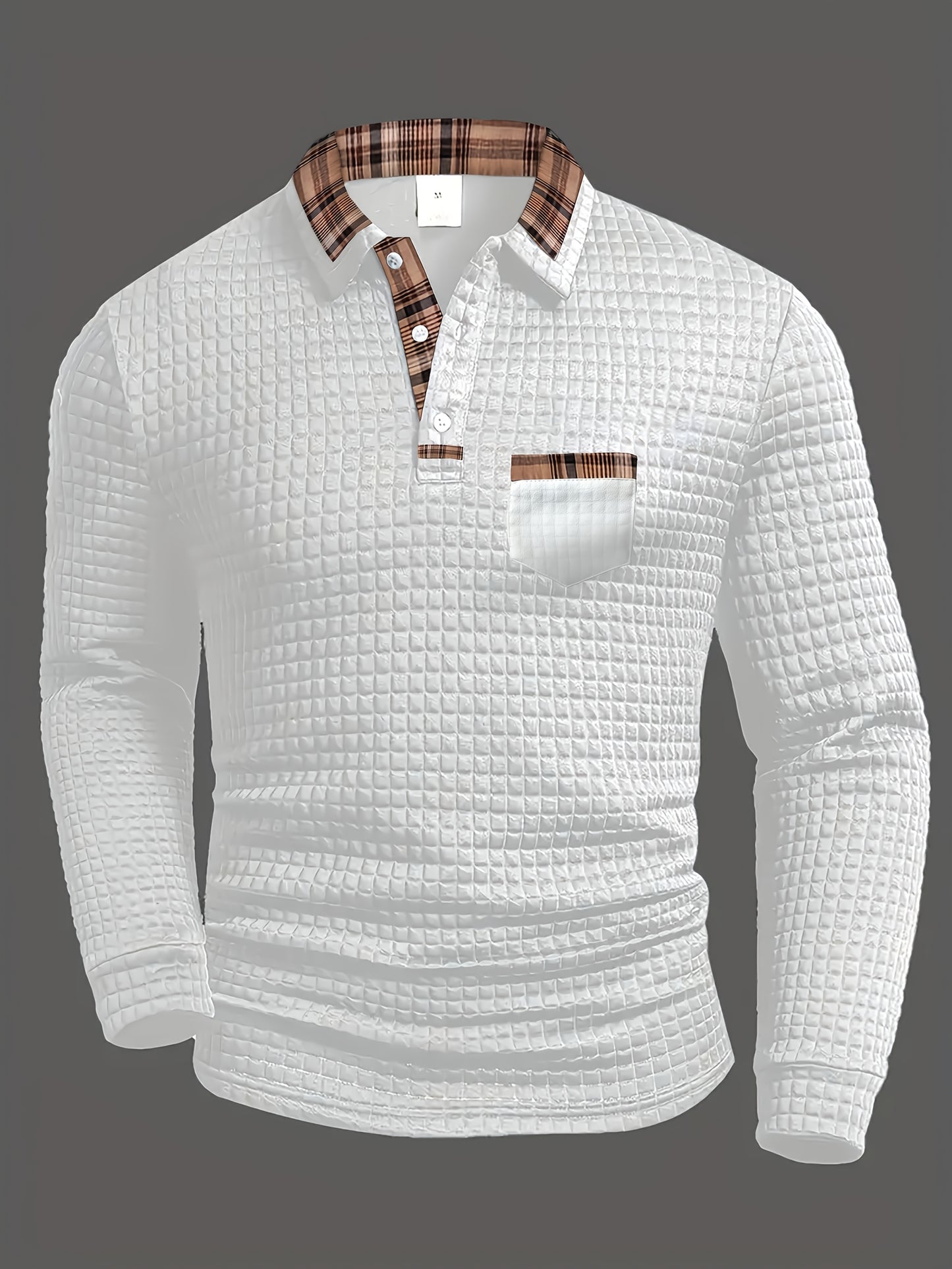Men'S Casual Warm Long Sleeve Polo Shirt - Gray with Brown & White Plaid Collar, Button-Up Front, Textured Waffle Weave, Perfect for Fall, Casual Wear|Plaid Pattern Shirt|Buttonup Collar Shirt