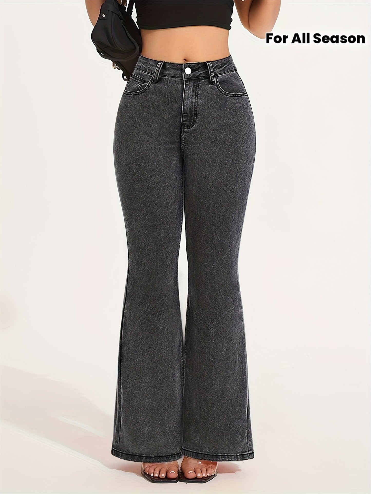Jean évasé taille haute en denim stretch pour femme - Pantalon élégant gris délavé à jambes évasées avec fermeture à boutons, confortable en toute saison, jean taille haute