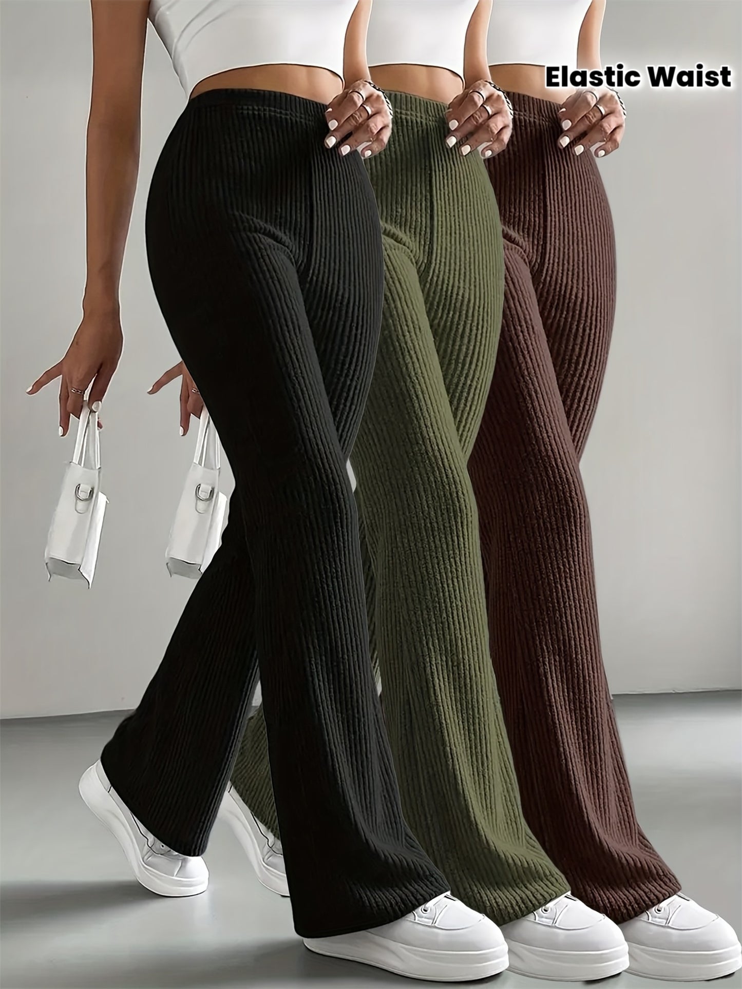 Lot de 3 Pantalons Automne-Hiver – Taille Élastique, Droits Évasés, Côtelés et Rayés, Longs