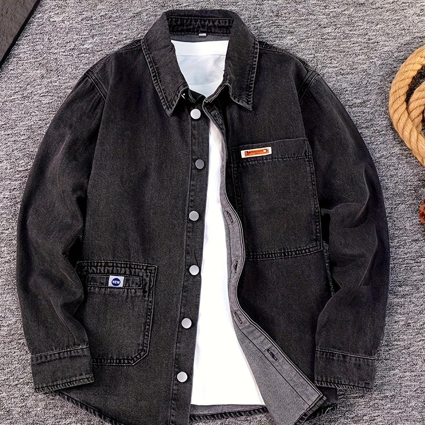 Men's Plus Size Loose Fit Non-Stretch Denim Shirt - Asymmetrical Chest Pockets, Classic Collar Long Sleeve Casual & Evening Shirt for Spring/Fall, Machine Washable, Durable Fabric, Fall Outfit, Stylish Menswear, Sturdy