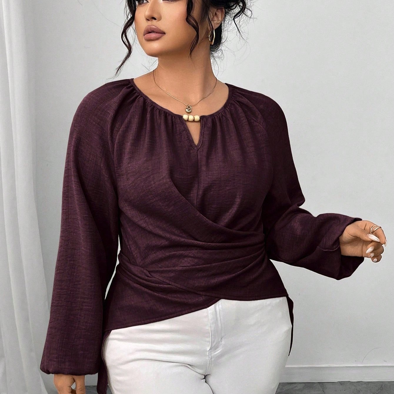 Blouse Femme Grande Taille Élégante – Manches Longues, Couleur Unie Bordeaux/Pourpre Foncé/Navy, Col Rond avec Boutons et Nœud au Dos