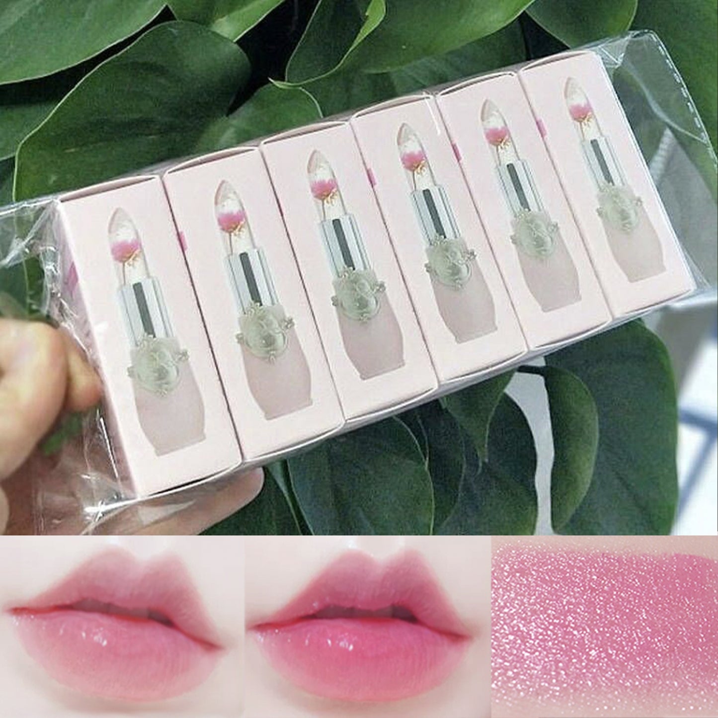 Set 6 Pièces Rouge à Lèvres Gelée – Fleurs Séchées, Changeant de Couleur avec la Température, Transparent, Anti-Transfert, Emballage Individuel, Combinaison de Teintes