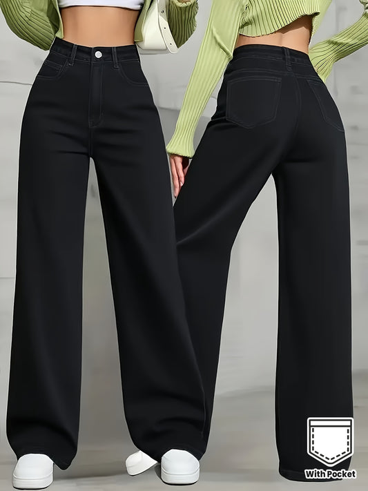 Jeans Femme Taille Haute Jambe Large Extensible Ceinture Élastique Poches Obliques Jambe Droite Noir Toute Saison