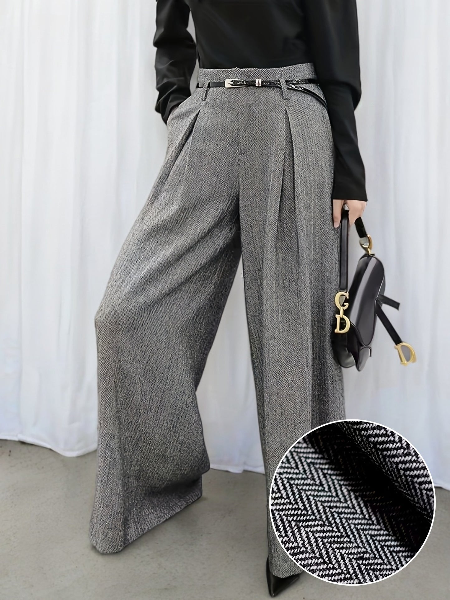 Pantalon Femme Élégant Taille Haute – Jambe Large en Tweed, Détail Plissé, Motif Géométrique Gris Clair, Sans Ceinture, Bureau et Décontracté