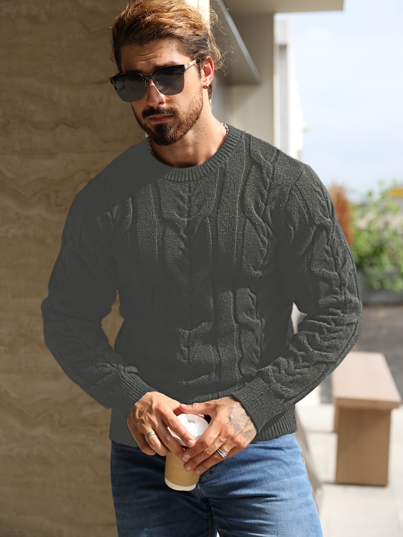 Men's Casual Striped Pullover Sweater - Soft Stretch Knit Crewneck Long Sleeve, Machine Washable H-Fit Ribbed Trim for Autumn Winter, Medium Elasticity Fabric