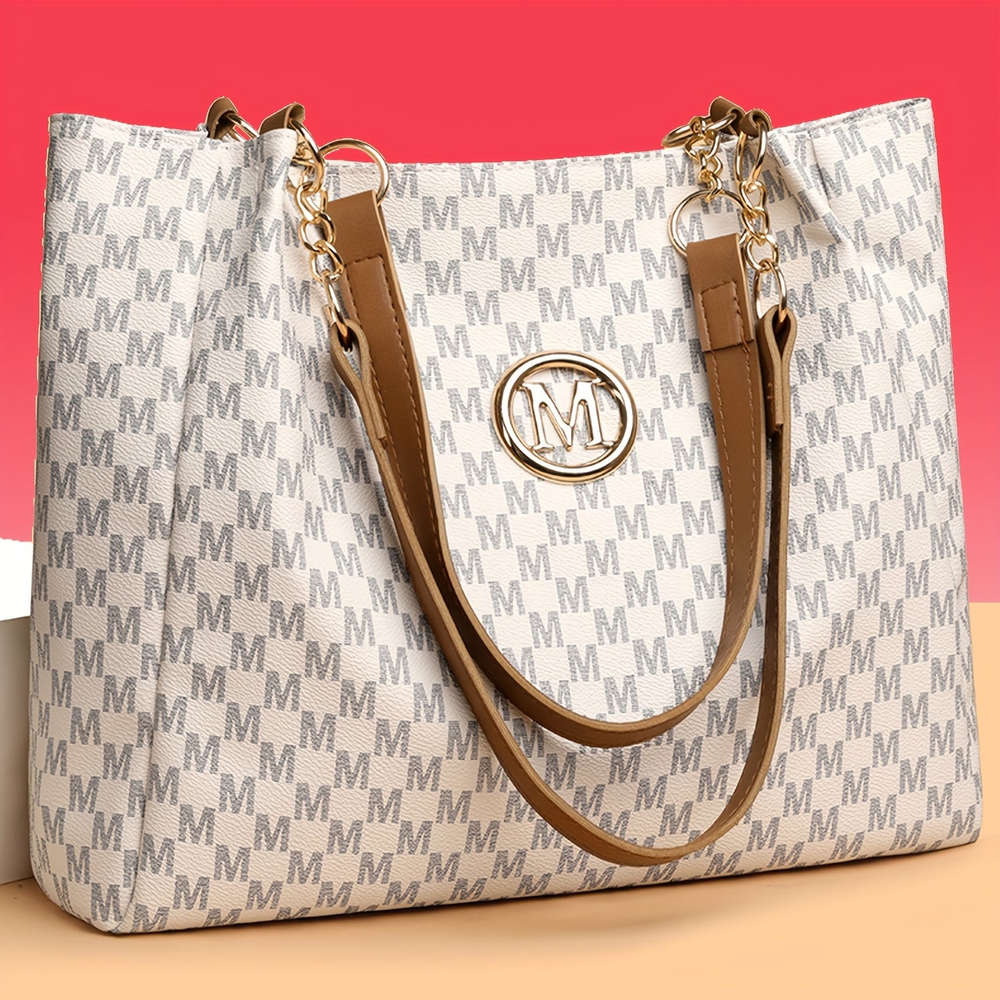 Sac Cabas Femme Élégant et Classique à Monogramme « M » – Grande Capacité, Cuir Synthétique avec Détails Marron, Bandoulières Fixes et Quincaillerie Dorée, Fermeture Éclair, Parfait pour le Travail, Déplacements et Shopping