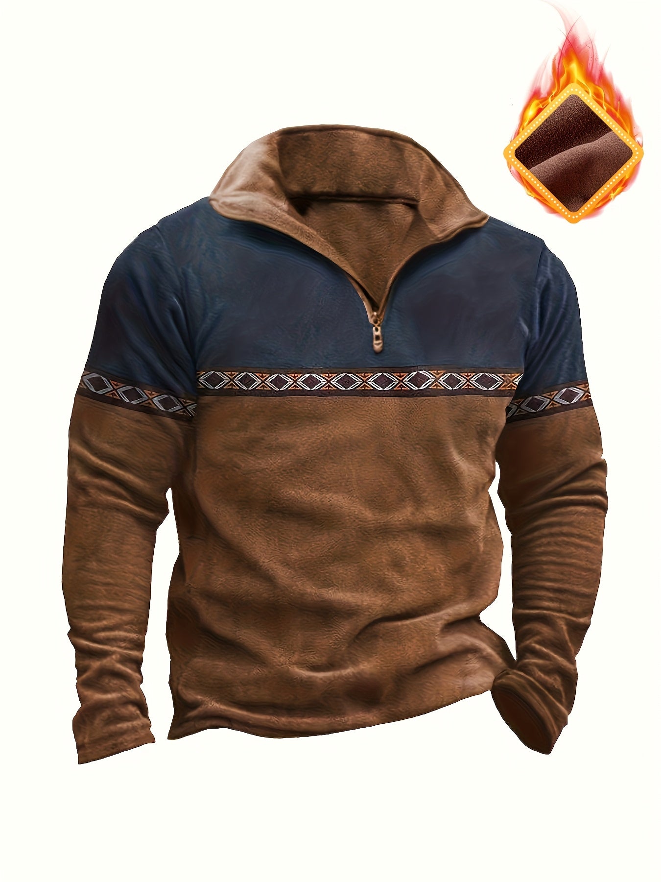Men's Fashion Casual Long Sleeve Zip-Up Henley Shirt with Contrast Stitching and Fleece Lining for Autumn/Winter