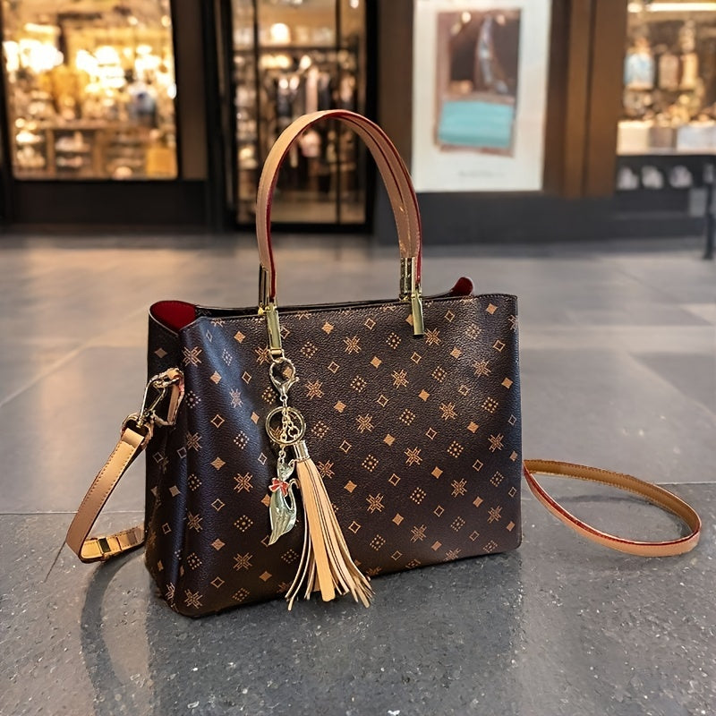 Sac Cabas Femme Élégant Grande Capacité avec Breloque Renard à Pompon – Fermeture Éclair, Doublure en Polyester, Design Multi-Couches, Idéal comme Cadeau de Fête