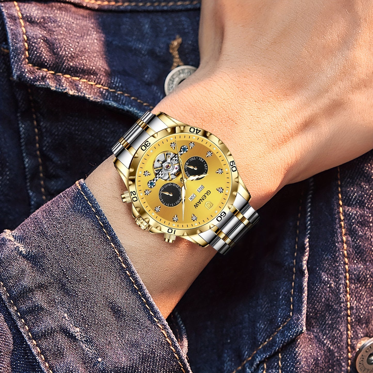 Montre automatique pour homme, bracelet en acier inoxydable avec strass, montre mécanique squelette à remontage automatique avec affichage du jour, de la date, du mois et de l’année – Cadeau idéal pour homme