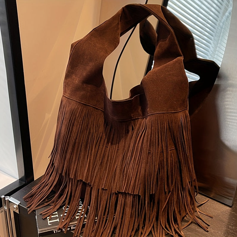 Sac Cabas Femme  Bordeaux à Franges avec Fermeture Éclair et Détails à Franges – Sac à Main Style Tote, Bandoulière Fixe, Sans Fermeture Supplémentaire – Couleurs : Café / Marron / Noir / Bleu Marine / Bordeaux
