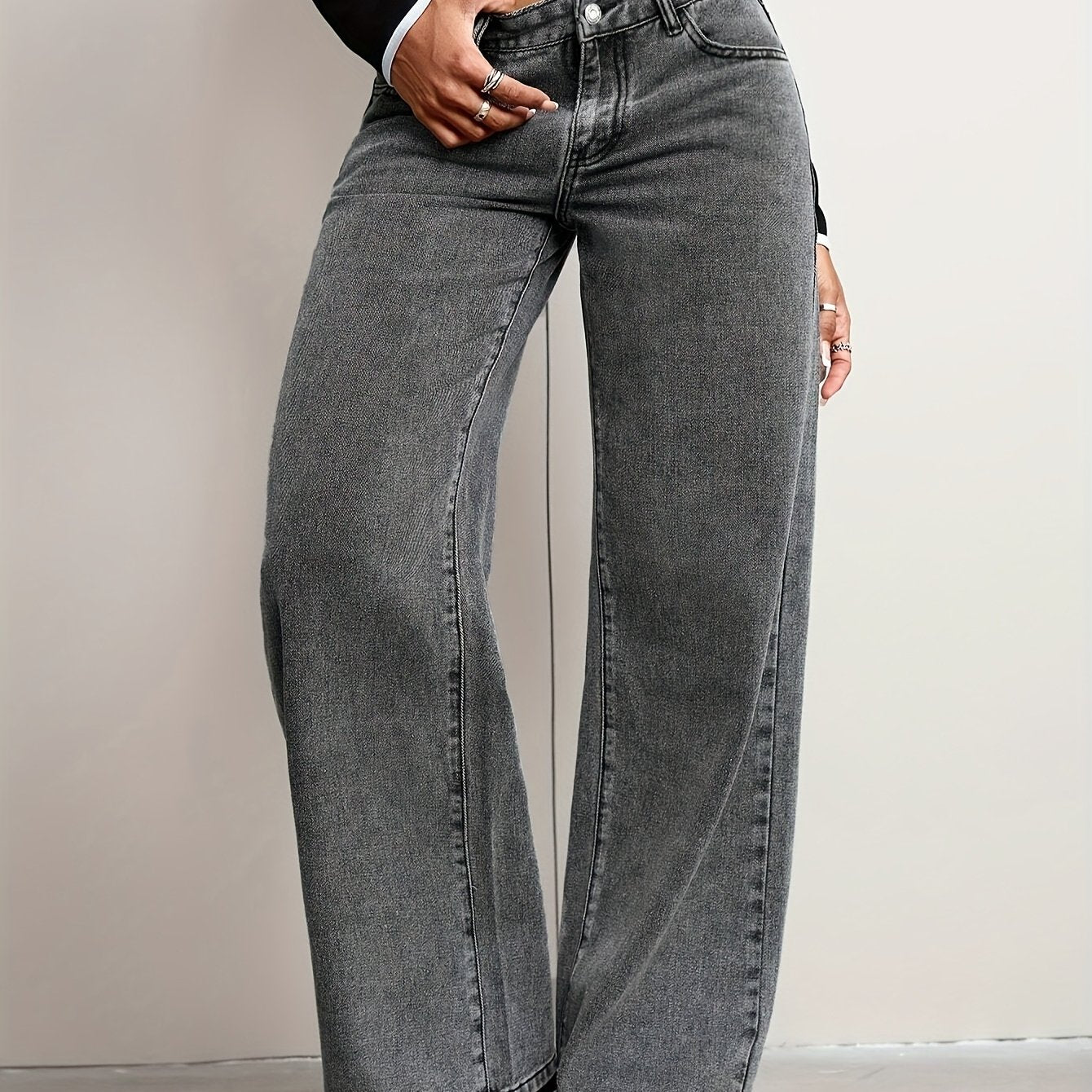 Pantalon Femme Décontracté Jambe Droite Denim Taille Haute Boutons Zippé Confort Toute Saison Couleur Unie
