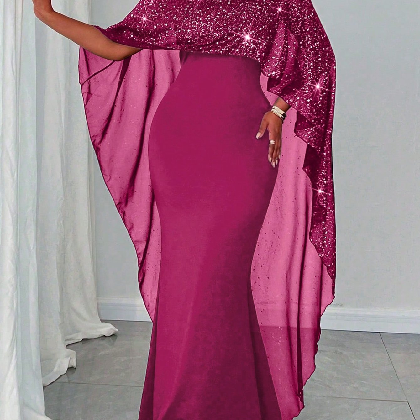 Elegant Black Sequin Cape Dress for Women - Bodycon Mermaid Gown with Flowing Cape Sleeves, Perfect for Parties & Formal Events, Formal Event Attire|Sequin Embellished Dress|Polyester Fabric