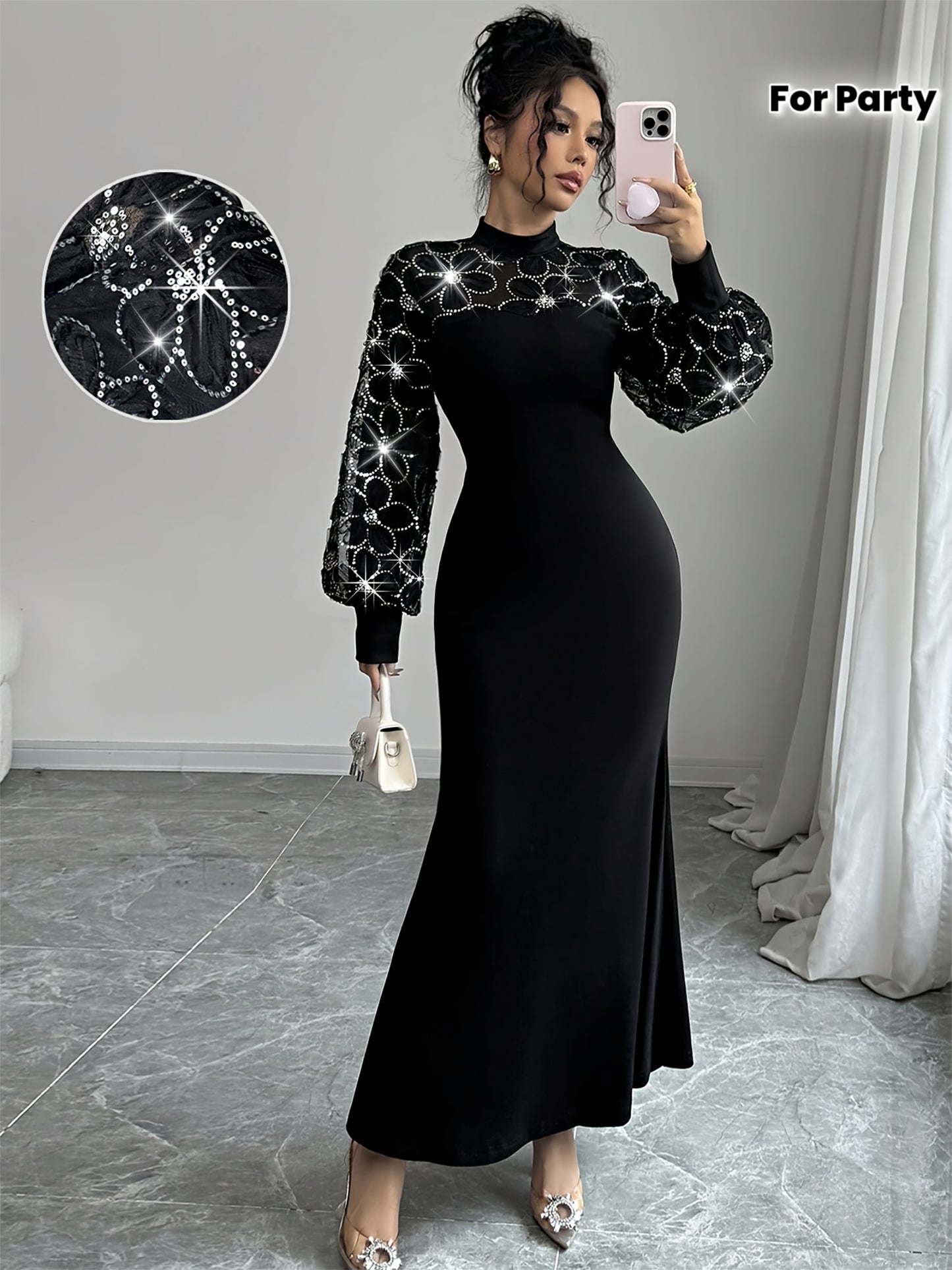 Robe Sirène Élégante Noire – Sequins, Superposition en Mesh Floral, Manches Longues, Taille Ajustée, Longueur Sol, Idéale Soirées et Événements Formels, Automne/Hiver