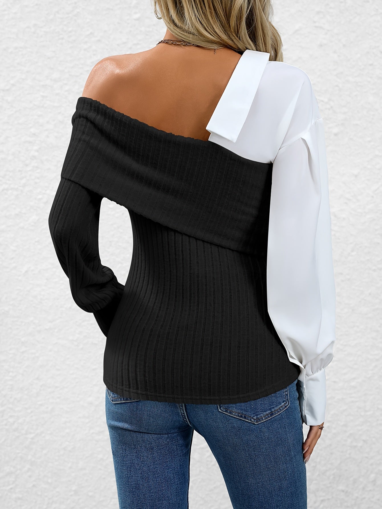 Top élégant à une épaule pour femmes – Patchwork, sans bretelles, mélange polyester/rayon/spandex, casual, automne/hiver