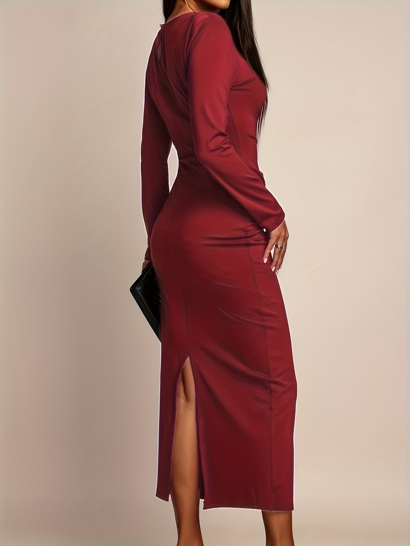 Robe Élégante Couleur Unie A-Line — Coupe Slim, Manches Longues, Col Rond, Taille Smockée avec Fente à l’Ourlet, Coupe Structurée et Silhouette Flatteuse, Parfaite pour Mariages et Soirées