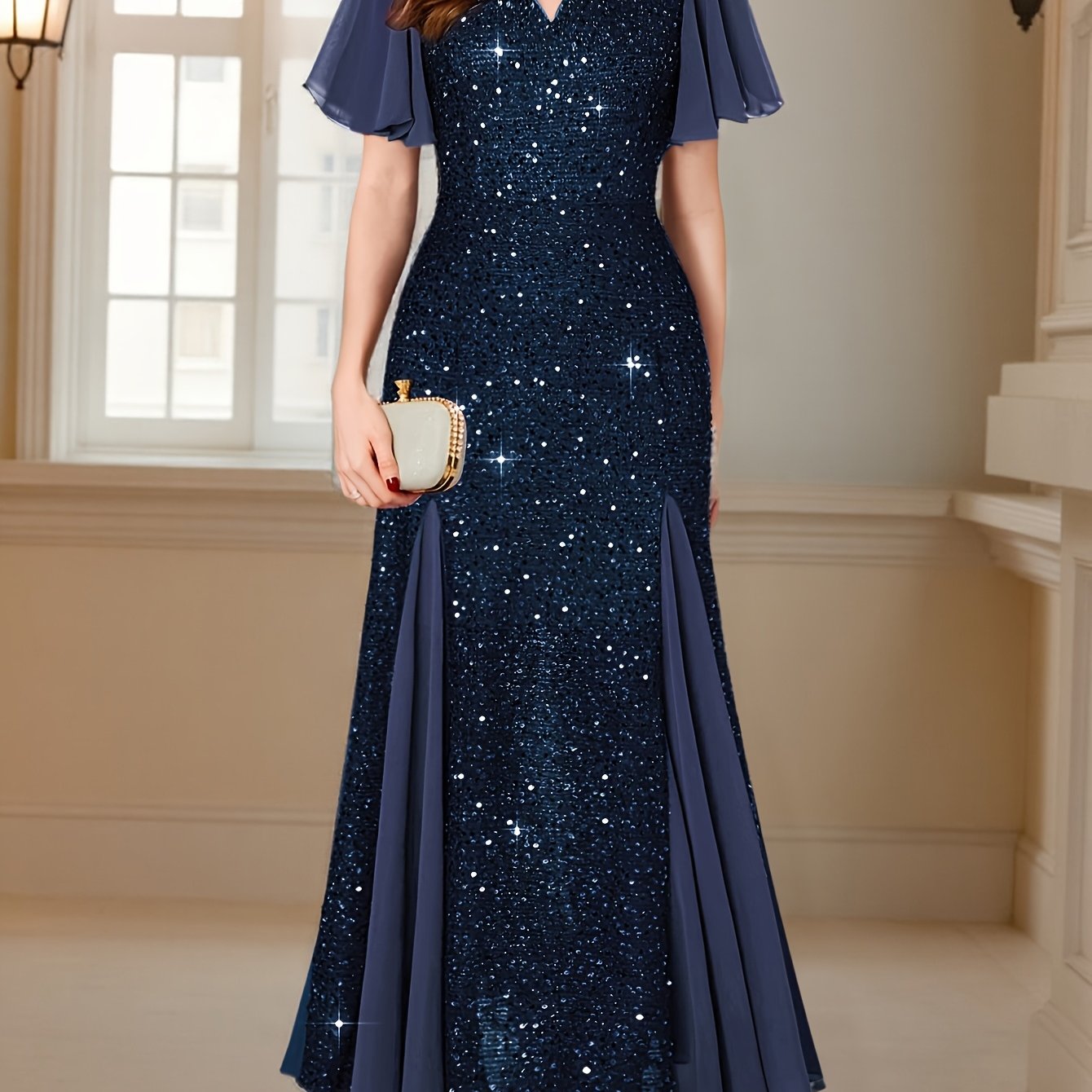 Women'S Elegant Sequin Lace Evening Maxi Dress with Sweetheart Neckline & Ruffle Sleeves - Floor-Length Formal Party Wedding Guest Dress in Navy Red/, All-Season Luxury Bridesmaid Gown for Galas & Special Occasions, Wedding D