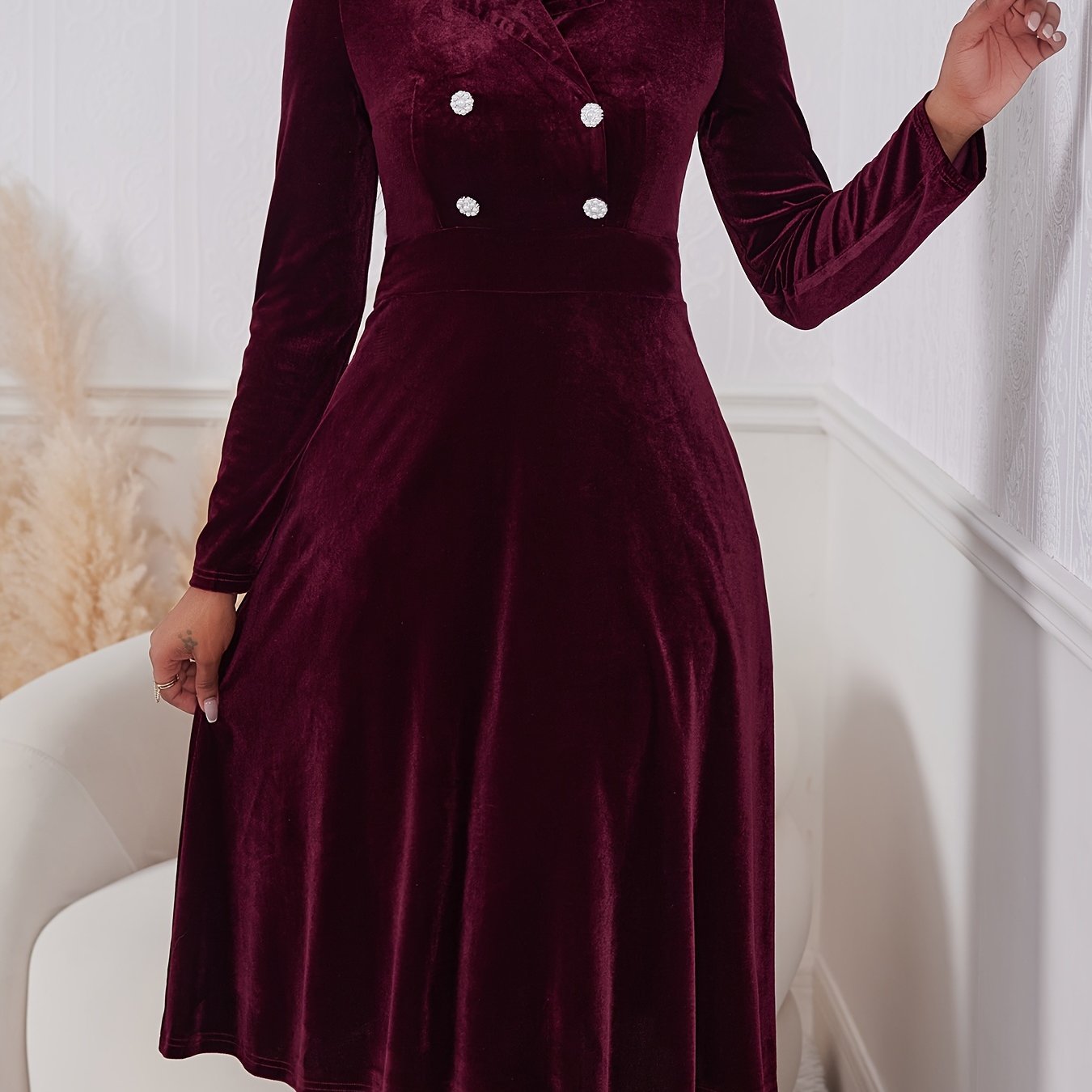 Ensemble Robe Femme Élégant Velours Bourgogne – Coupe Slim A-Line, Col et Boutonnage à l’Avant, Manches Longues, Pantalon Mi-Long, Idéal pour Mariages, Affaires et Événements Formels, Lavable en Machine (Pas de Nettoyage à Sec)