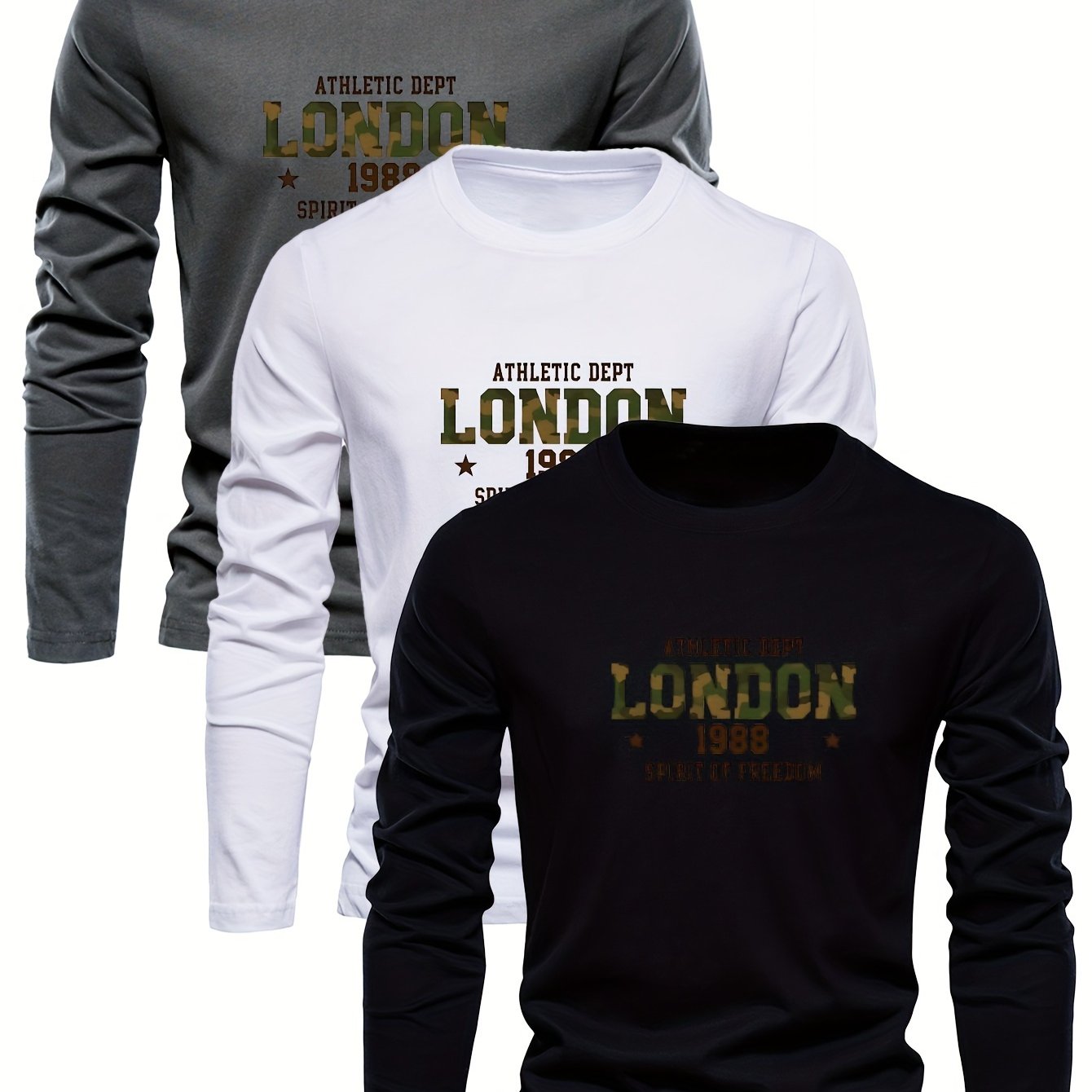 3pcs Men'S Heavyweight Long Sleeve T-Shirts - Soft Crewneck Sweatshirts, Athletic Department Graphic (1986, 1999, 2001) - Beige/Black/White Color Options - Everyday Casual & Formal Wear - Breathable Tops for Men, Sweater Tops