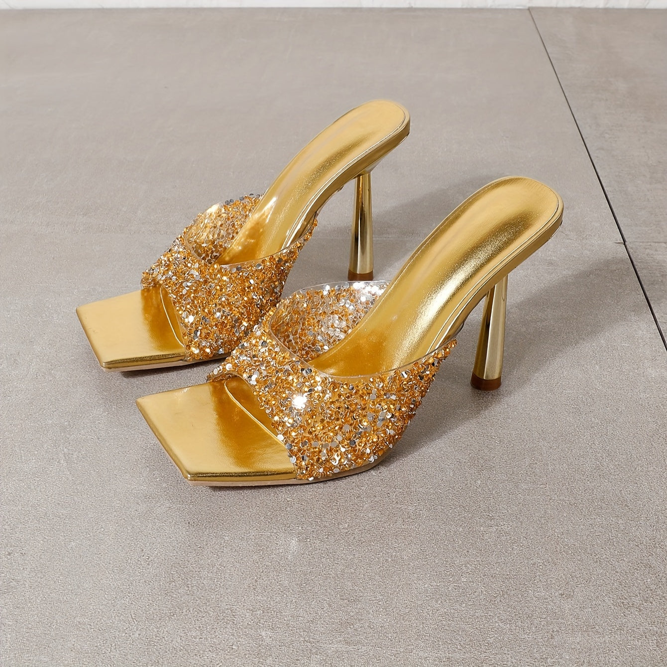 Sandales à Talons Hauts Brillantes pour Femme – Strass Étincelants, Bout Carré, Enfilage Facile, Idéales pour Soirées, Bal de Promo & Mariages – Chaussures Printemps (Disponibles en Plusieurs Couleurs)