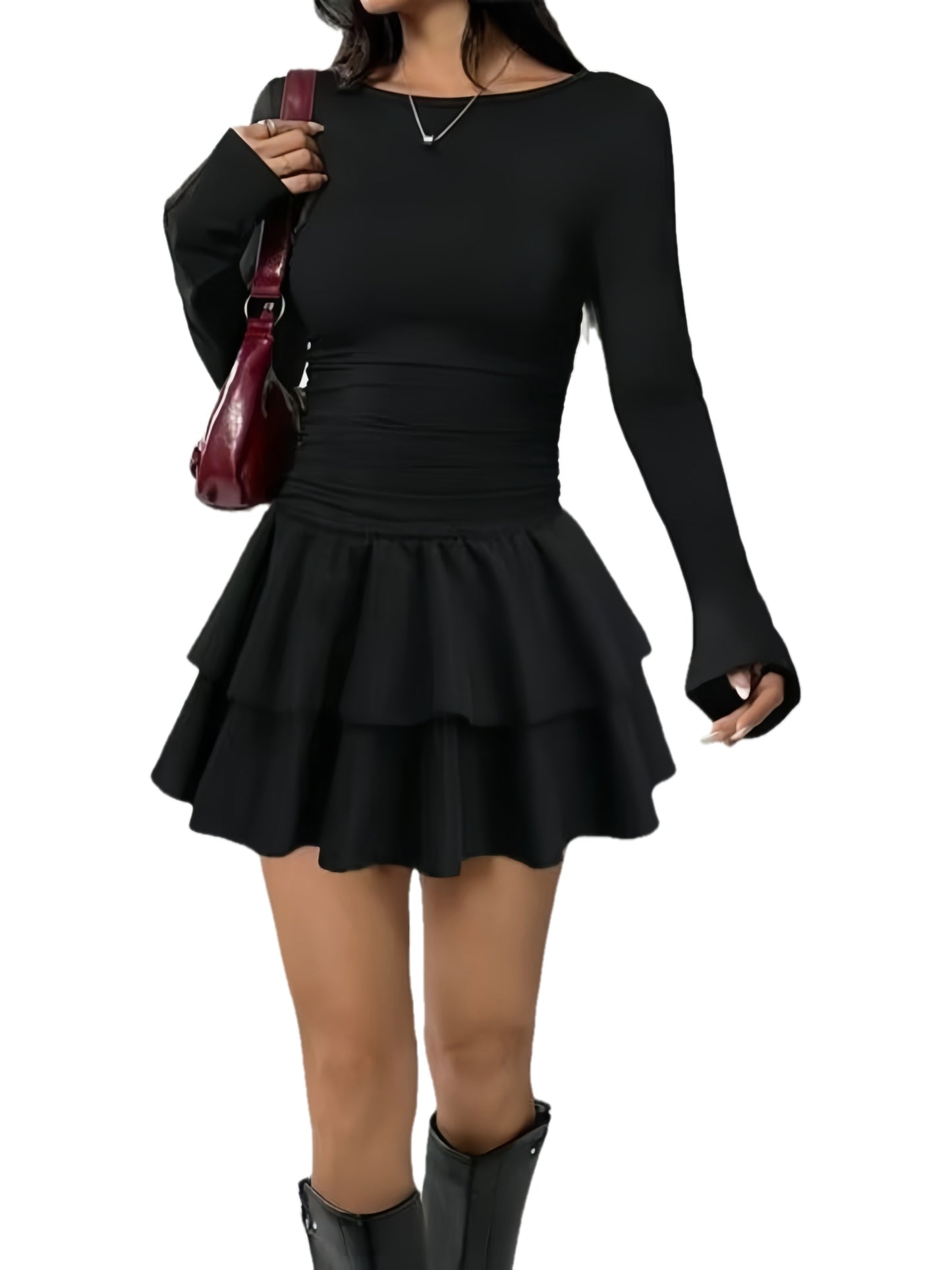 Robe Élégante Femme A-Ligne – Longue, Manches Longues, Base Évasée, Silhouette Sirène, Noire Unie, Robe de Soirée ou Mariage