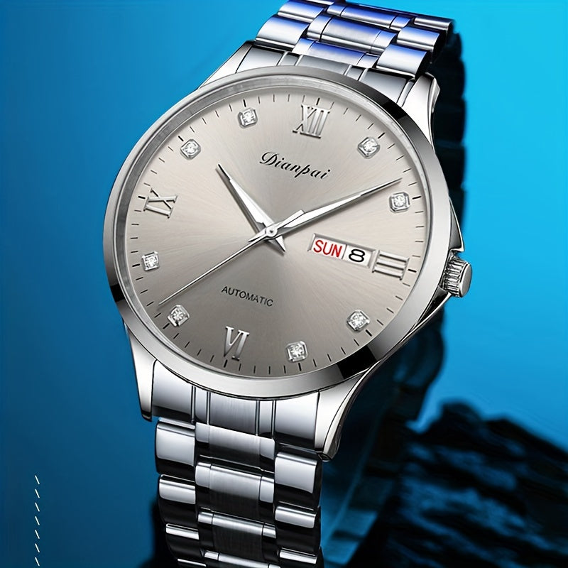 Men's Automatic Mechanical Watch Stainless Steel Luxury Rhinestone-Accented Dial Date Display Business Casual Wristwatch Gift for Him, Bling Watches, Formal Timepiece