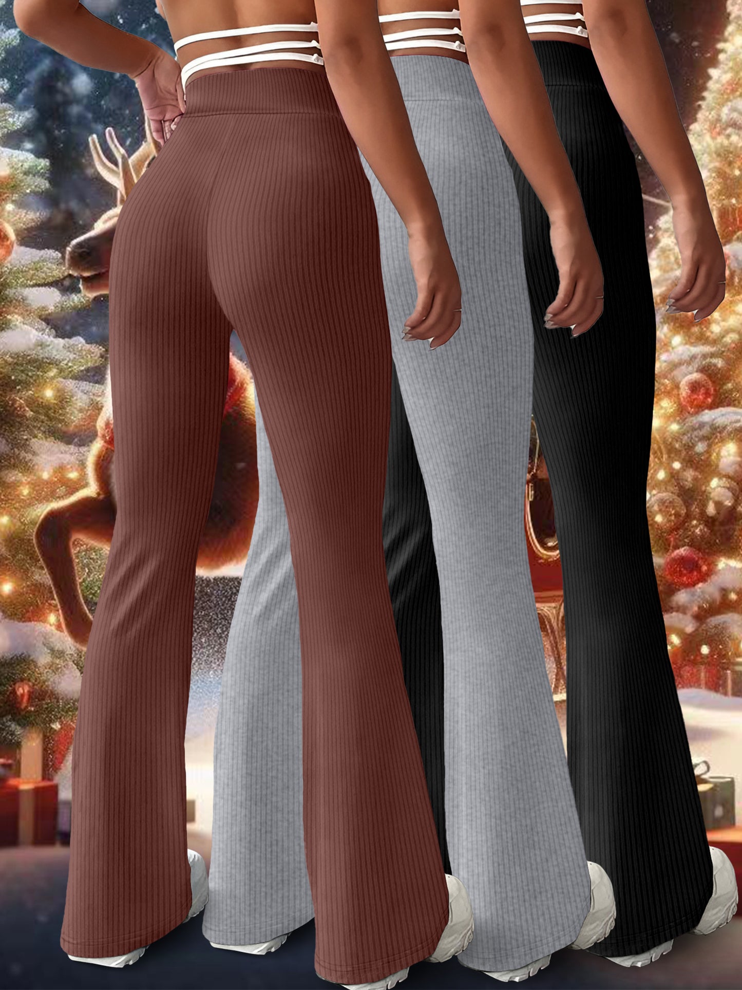 Ensemble Trois-Pièces Femme K11 – Pantalons Taille Haute Évasés, Couleur Unie, Extensibles