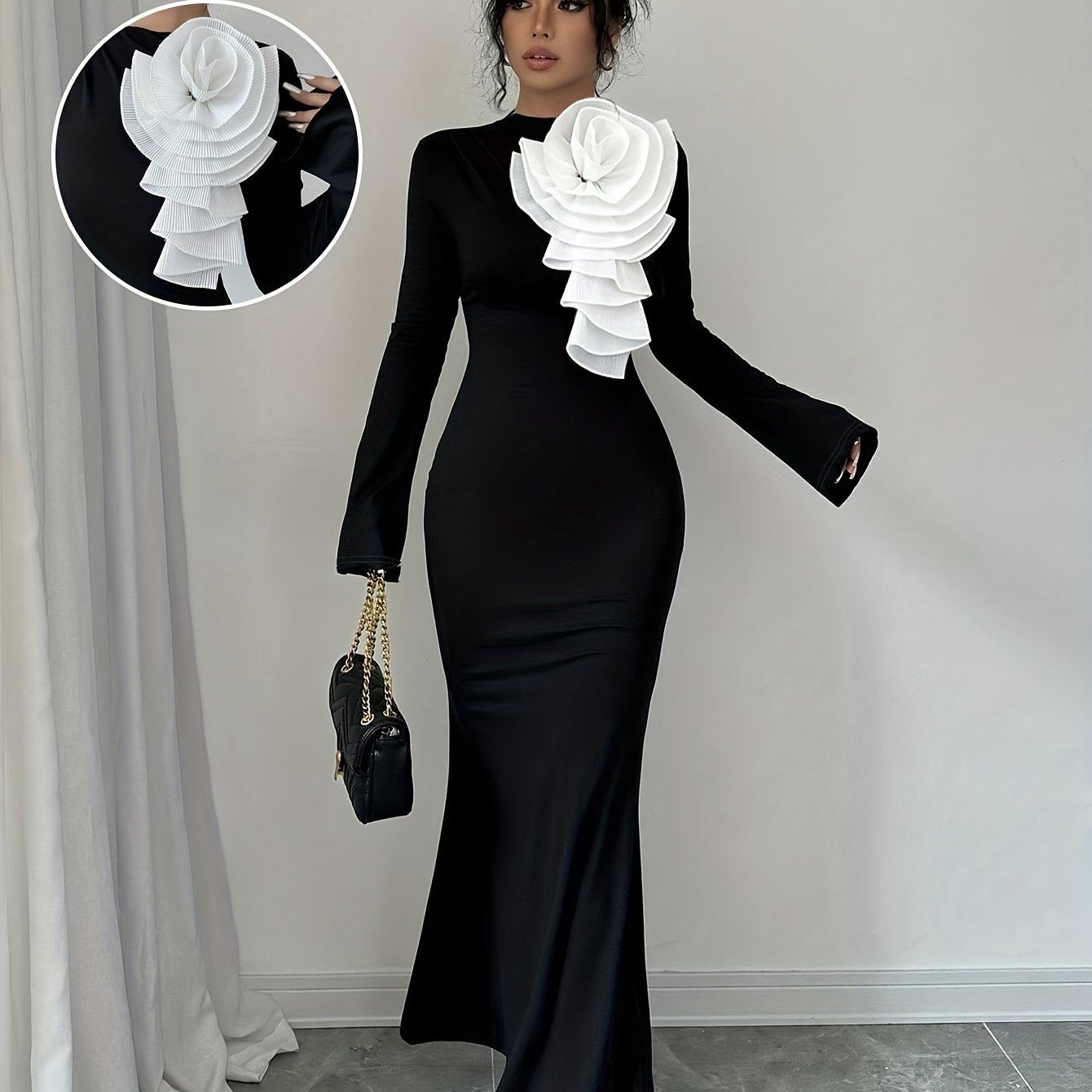 Elegant Party Dress with 3D Large Floral Design on The Front And Long Sleeves.