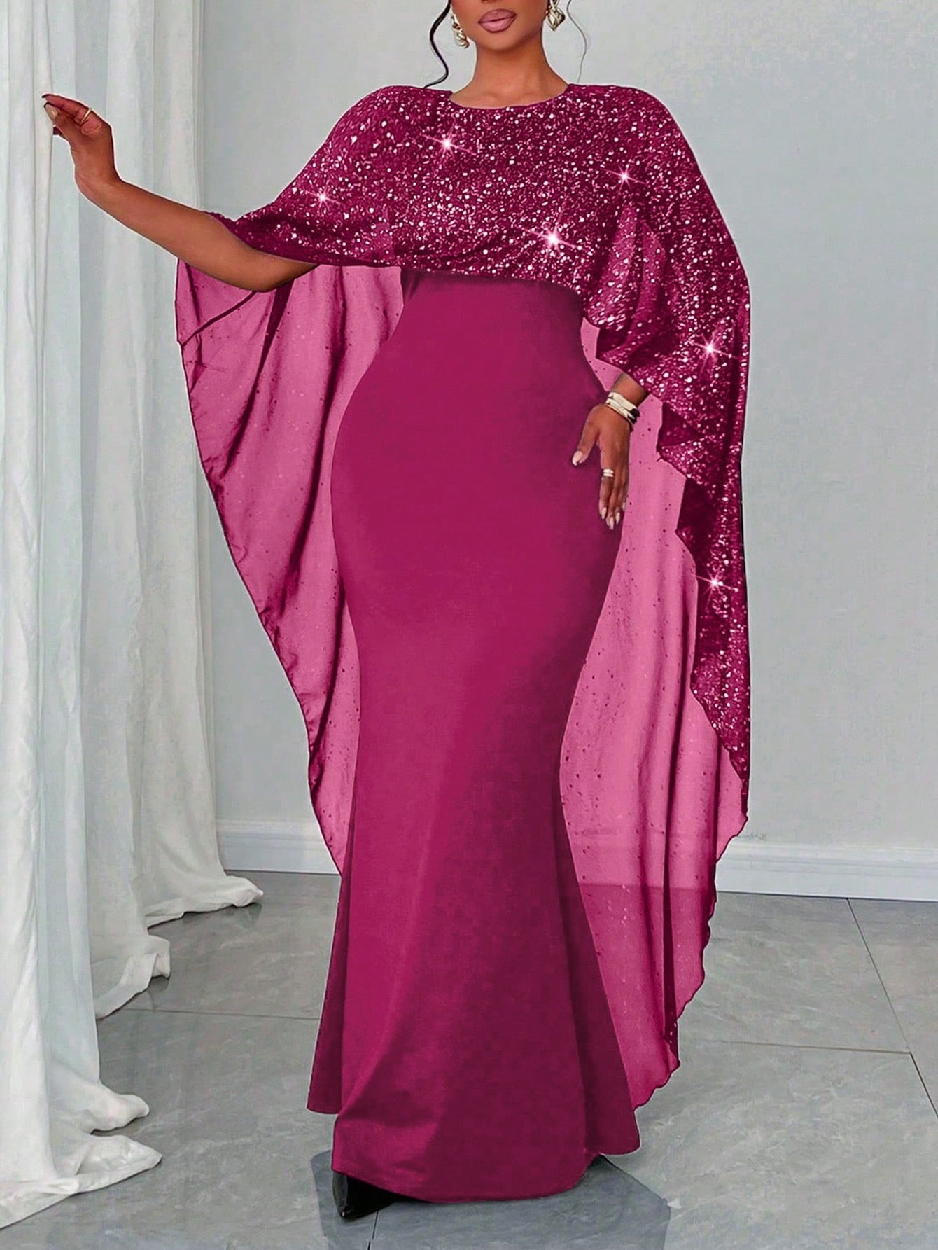 Elegant Black Sequin Cape Dress for Women - Bodycon Mermaid Gown with Flowing Cape Sleeves, Perfect for Parties & Formal Events, Formal Event Attire|Sequin Embellished Dress|Polyester Fabric