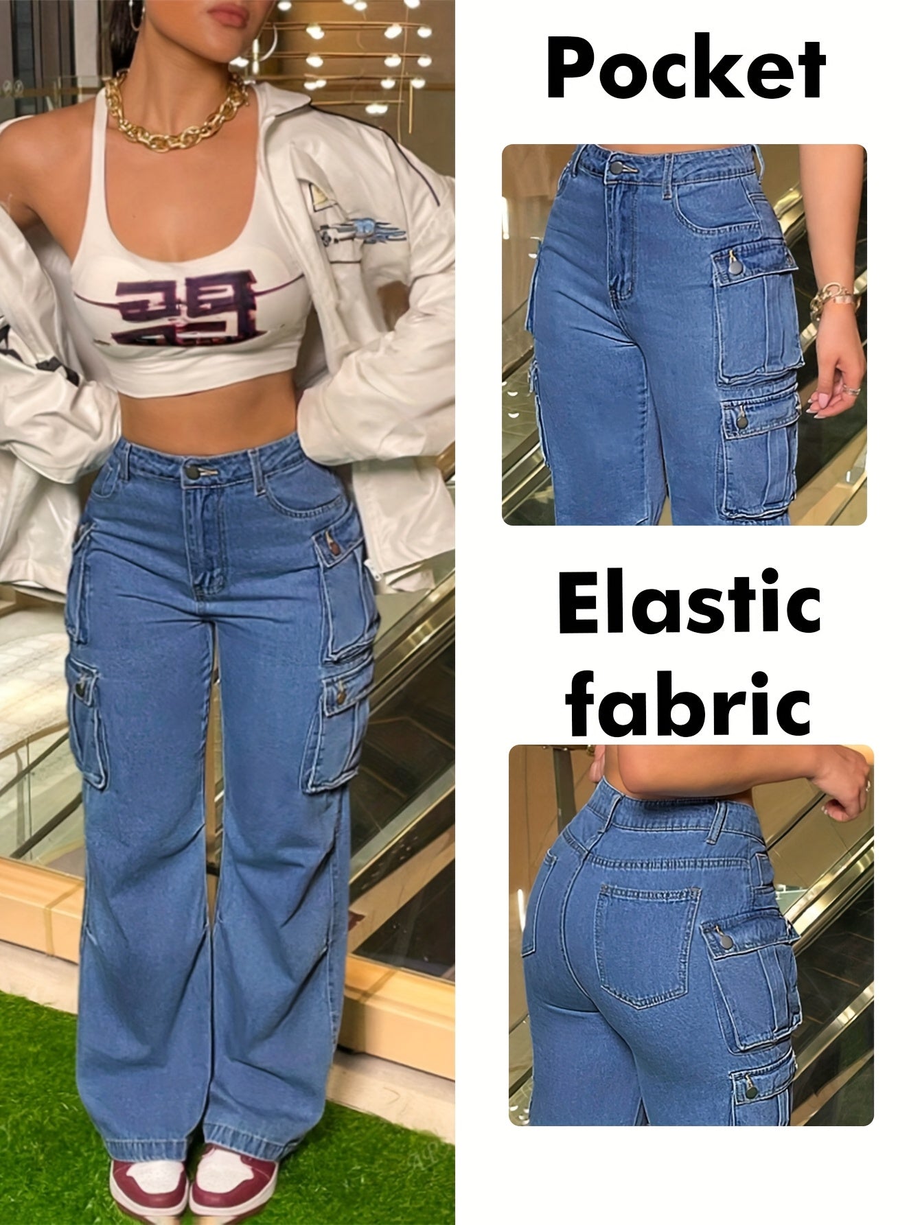 Pantalon évasé pour femme  avec poches multiples, style décontracté, pantalon de travail