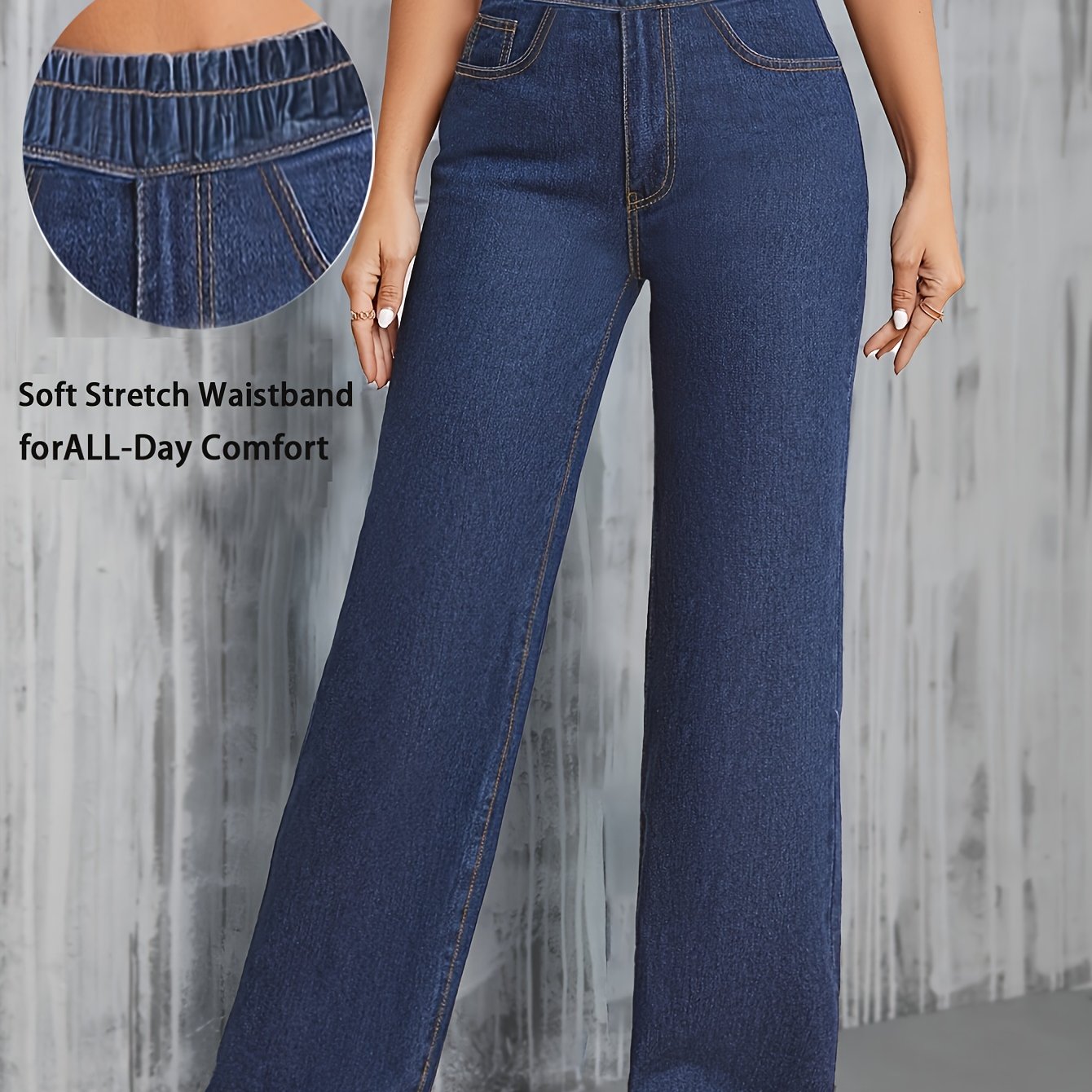 Jeans Femme Taille Haute Jambe Large Extensible Élégant Jambe Droite Poches Ceinture Denim Effet Lavé Toute Saison Décontracté Bureau Voyage