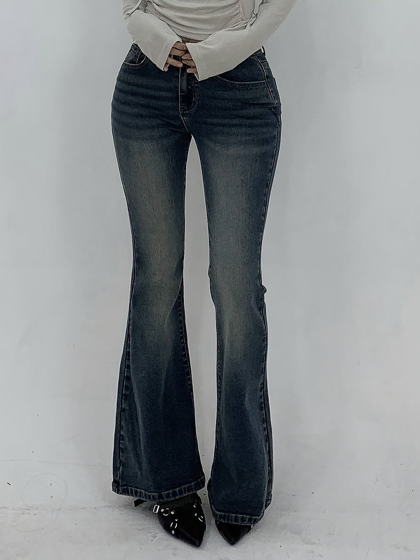 Jeans Femme Sexy Slim-Fit Évasé Extensible Poches Taille Haute Mi-Haute Bleu Clair Printemps/Automne Décontracté