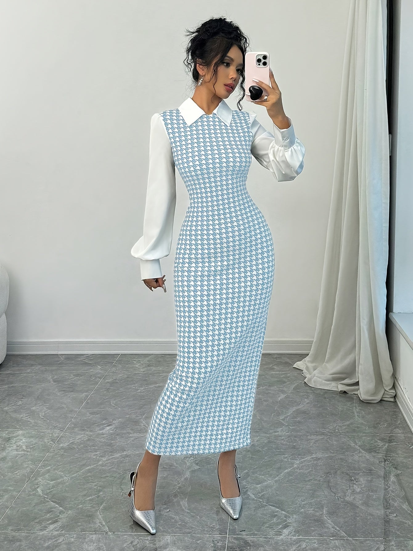Ladies' Elegant Houndstooth Slim-Fit Lantern Sleeve Dress