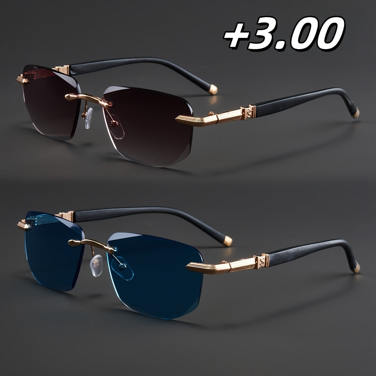 Two Pairs, Bundled Set, Stylish, Men'S, Exquisite, Luxurious, Rimless, Beveled Edge, Reading Glasses, Metal Frame, Options: 100, 150, 200, 250, 300, 350, And 400 Degrees, Without Battery, Christmas Gifts