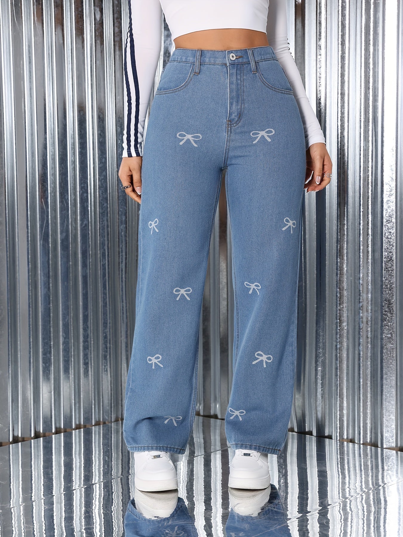 Jeans Femme Jambe Droite Décontracté Denim Avec Nœud Confortable