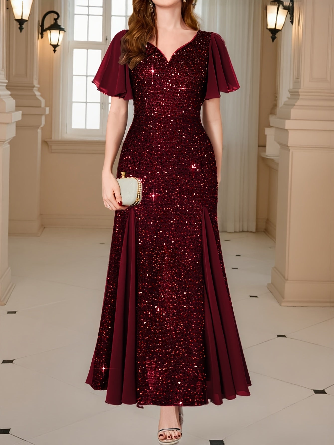 Women'S Elegant Sequin Lace Evening Maxi Dress with Sweetheart Neckline & Ruffle Sleeves - Floor-Length Formal Party Wedding Guest Dress in Navy Red/, All-Season Luxury Bridesmaid Gown for Galas & Special Occasions, Wedding D